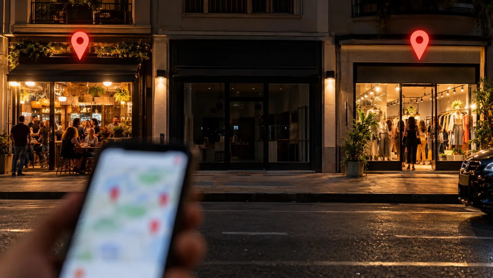 Rua à noite com lojas acesas marcadas no Google Maps e uma loja apagada no meio, sem marcação, enquanto uma pessoa procura no mapa do celular