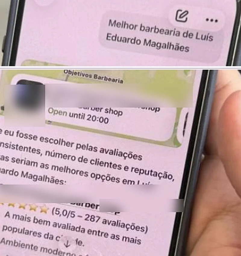 ChatGPT respondendo qual é a melhor barbearia de Luís Eduardo Magalhães e indicando o cliente da JM, nota 5,0